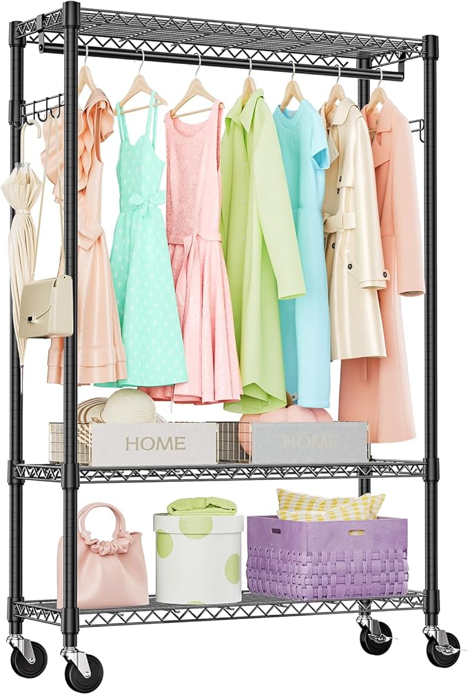 IZEUK 3 Tier Heavy Duty Rolling Garment Rack Wire Clothes Rack for Hanging Clothes, Metal Freestanding Closet Wardrobe Rack with 1 Rods and Wheels Black 15.7" D x 45.3" W x 75.6" H