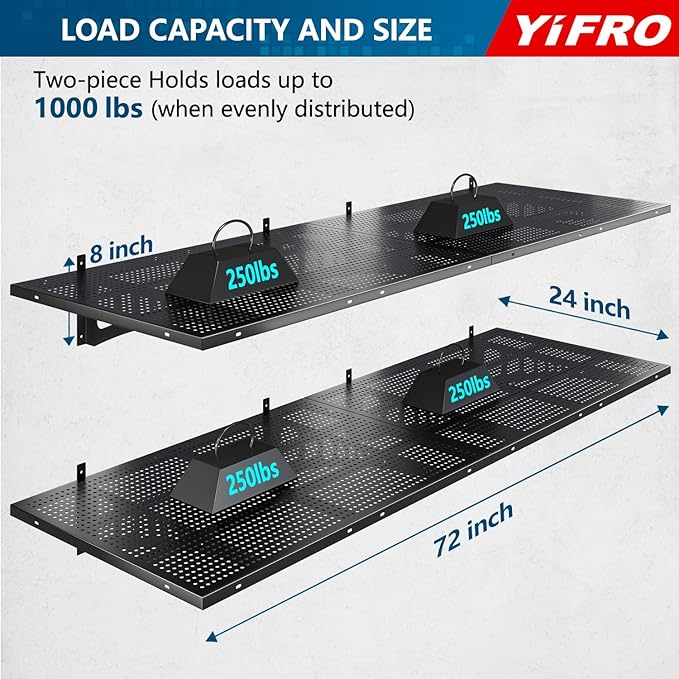 4-Pack 2x3ft Heavy Duty Garage Wall Shelving, 1000 lbs Load Capacity, Garage Shelving Wall Mounted, Garage Storage Rack with Hooks, Black