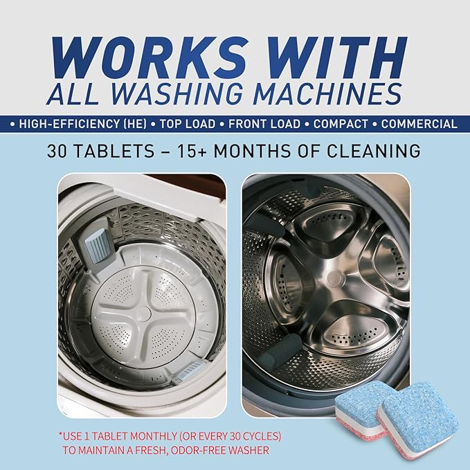 Washing Machine Cleaner Tablets 30 Pack - HE Top Load & Front Load Washer Cleaner, Eco Friendly Septic Safe, 3 Layers Deep Cleaning, Descaler & Deodorizer, 1+ Year Supply (30 Count