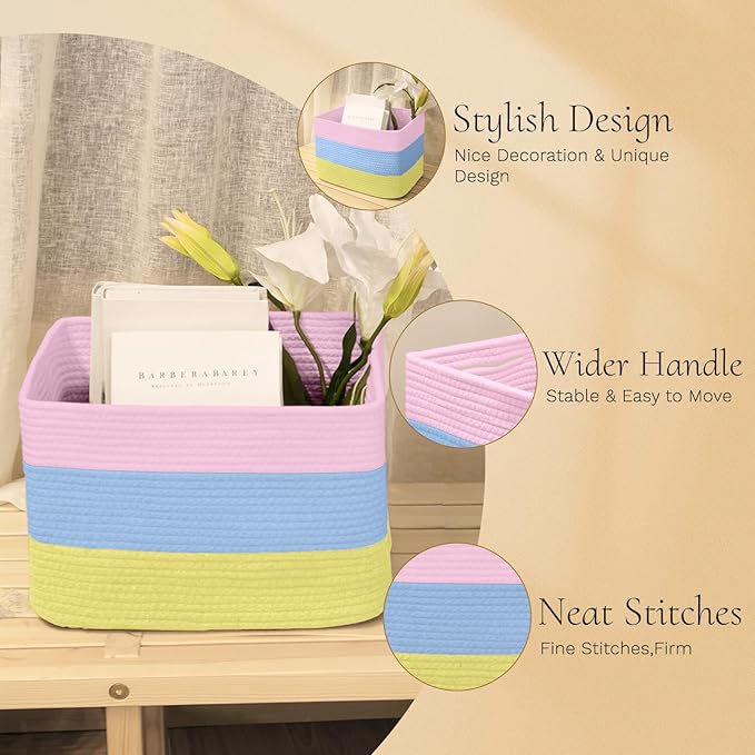 Hopegiver Woven Storage Baskets 15x11x10 Inch, 3 Pack Collapsible Cube Storage Bin for Shelves - Foldable Cotton Rope Organizer Bins for Towels, Toys, Books, Closet, Nursery (Pink Blue Yellow)