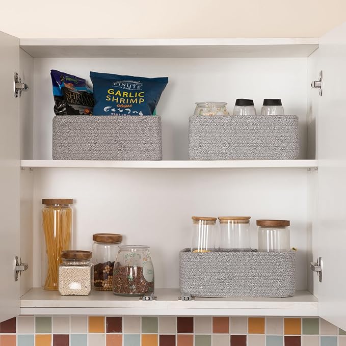 3 Pack Small Storage Baskets for Organizing, Cute Woven Decorative Gift Baskets for Shelves, Mini Closet Organizer Bins with Handles, 11.81''Lx7.87''Wx4.72''H-Grey