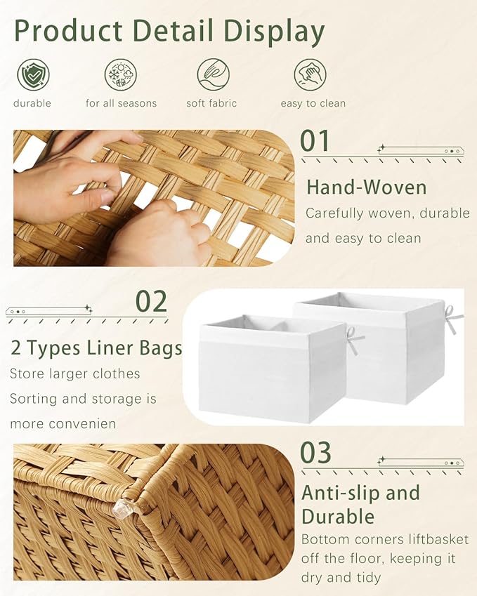 Storage Basket with Lid Rattan Storage Basket with 2 Separate Lid, 27.8 Gallon (105 L) 25.2 * 15.4 * 16.1 Inches Woven Wicker Baskets with 2 Liners and Handles for Bedroom Laundry-Natural