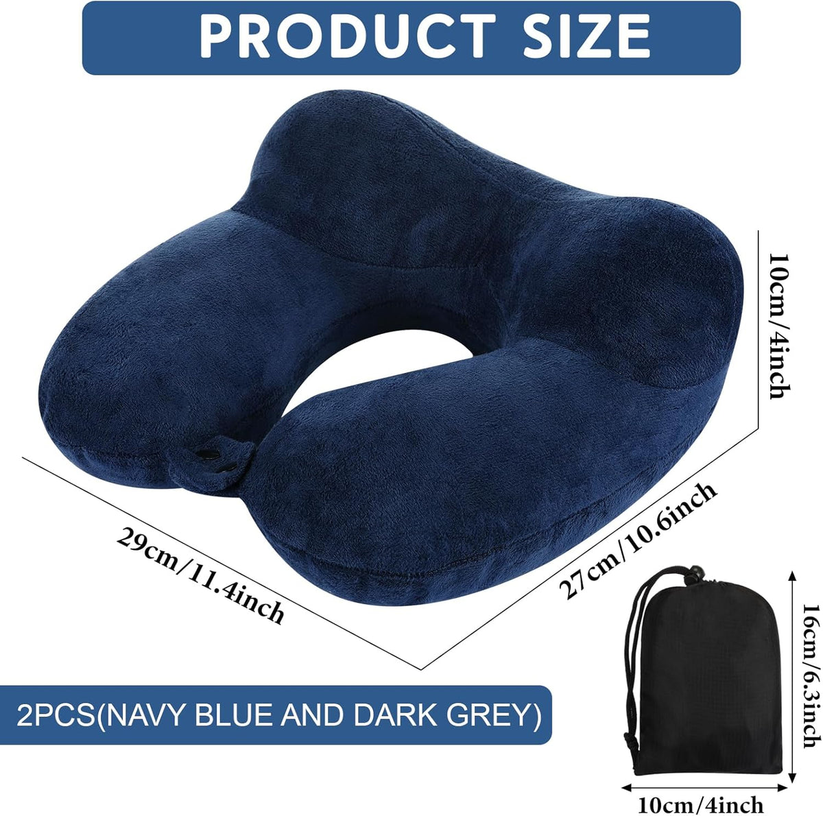 Sintuff 2 Pack Inflatable Travel Pillow for Airplanes Inflatable Neck Flight Pillows with Compact Bag and Blindfold for Traveling, Airplane, Train, Car, Office (Blue and Dark Gray)