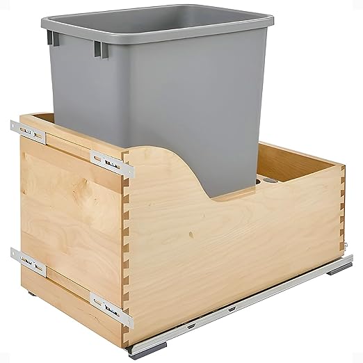 Rev-A-Shelf Pullout Trash Can for Kitchen Cabinet, Single 35 Qt Bin with 12" Wood Frame - Large Garbage Bin Container for Home Waste Storage and Recycling