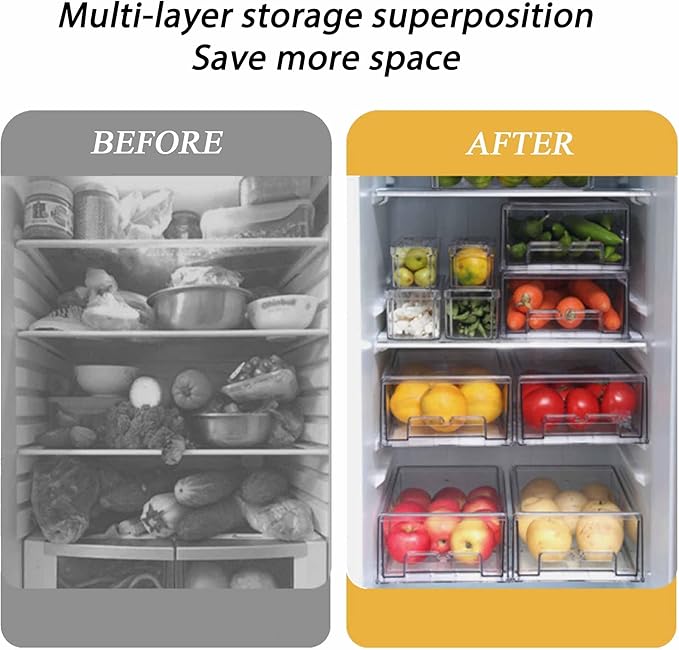 bealy 2 Pack Stackable Clear Storage Drawer,Refrigerator Organizers and Storage Drawer Pull Out Drawer for Fridge Kitchen Bathroom Cabinet Closet Office Clear
