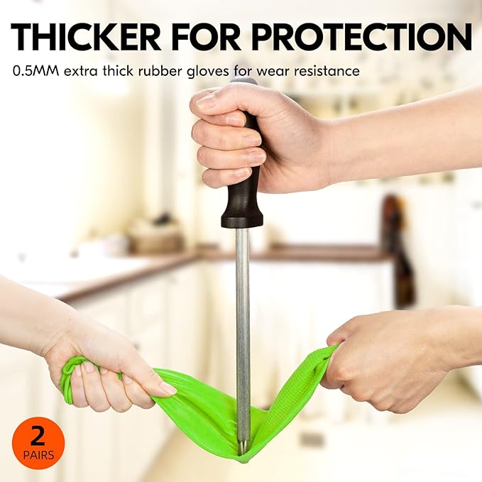 Vgo 2-Pairs Dishwashing Gloves, Reusable Household Gloves, Long Sleeve, Thick Latex, Cleaning, Washing, Working, Painting, Gardening, Pet Care (Size S, Green, RB2143)