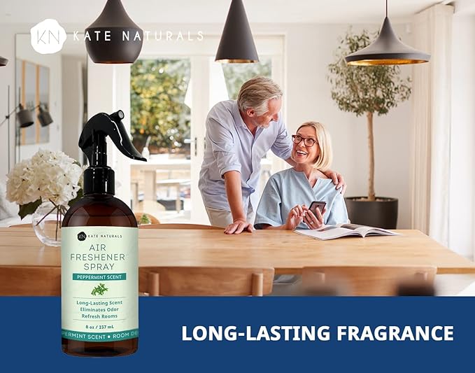 Kate Naturals Peppermint Air Freshener Spray for Room & Car with Natural Mint. Odor Eliminator Peppermint Spray for Bathroom & Linen (8 fl oz, Pet Safe, Non Toxic)