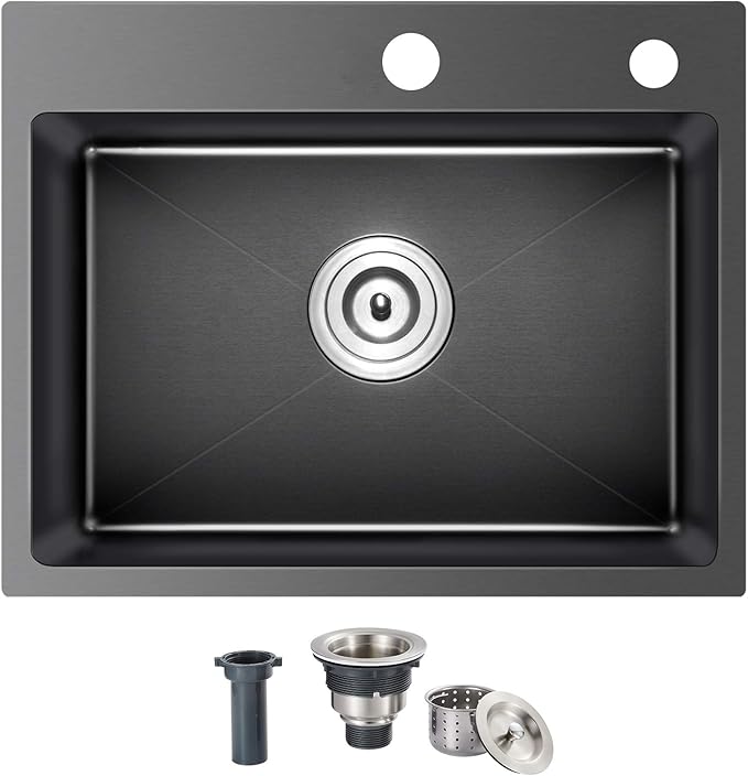 24x18x9 Inch Kitchen Sink, Handmade 304 Black Stainless Steel Single Bowl, 2-Hole Drop In Installation, R10 Tight Corner, for Modern Kitchen/RV/Outdoor Sink