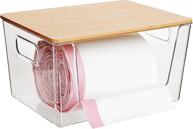 Citylife Stackable Storage with Bamboo Tops and Handles, Laundry Room Organization and Storage for Home, Kitchen, Under-Sink Garbage Bag Dispenser
