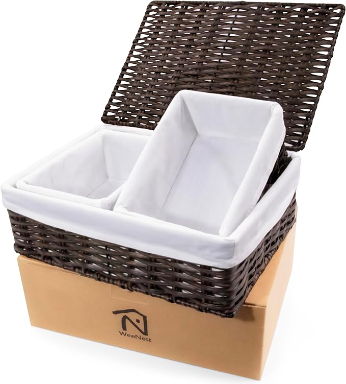 Baskets for Organizing, Undershelf Wicker Storage, Hand Woven Organizer for Closet Organization, Rectangular Resin with Lid, Set of 3, Walnut Brown