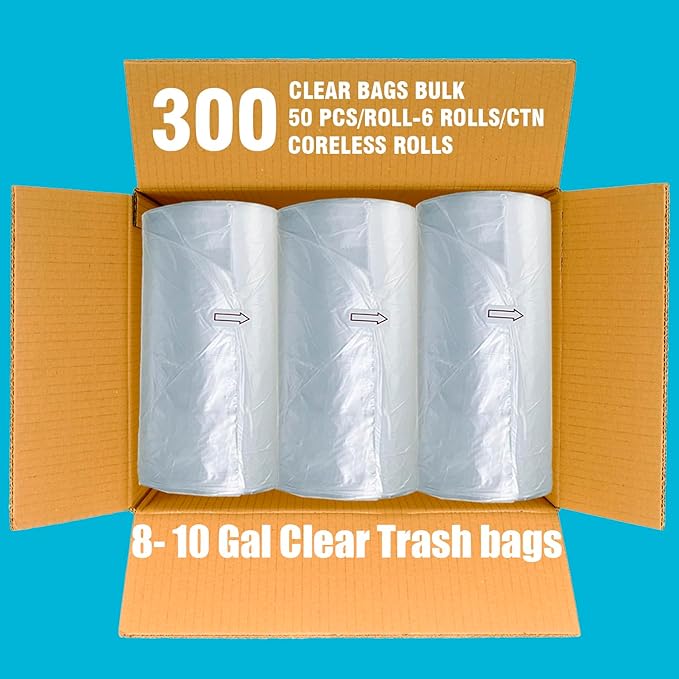 Trash Bags 8-10 Gallon, 300 Count Bulk, Clear Plastic Recycling Bags, Multi-purpose Garbage Bags Can Liners for Business Home Kitchen Commercial and Industrial