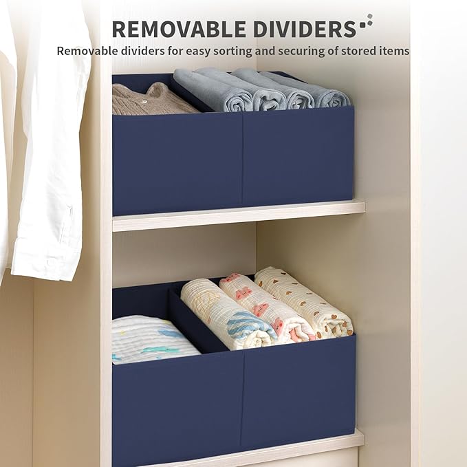 DIMJ Large Closet Shelf Organizer Bins 6 Packs with Handles and Divider, Fabric Trapezoid Storage Baskets, Foldable Clothes Containers Box for Shelf, Towel, Book, Toy, Purse, Hats, Navy Blue