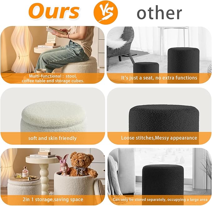 Round Ottoman with Storage Set of 2-Upholstered Sherpa Vanity Stool for Makeup Multifunctional Ottomans Coffee Table Padded Seat Foot Rest for Living Room&Bedroom(Sherpa White)