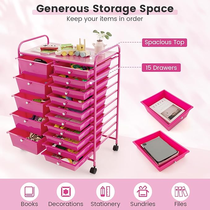 GOFLAME 15-Drawer Rolling Storage Cart, Multipurpose Movable Organizer Cart, Utility Cart for Home, Office, School, Hot Pink