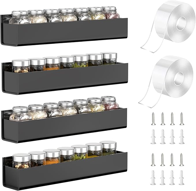 PMMASTO Adhesive Acrylic Spice Rack Organizer for Wall with Nano Double Sided Tape, Spice Shelf Organization for Kitchen Cabinet Door/Pantry Door, Wall Mount Seasoning Rack (Black - 4 Pack)