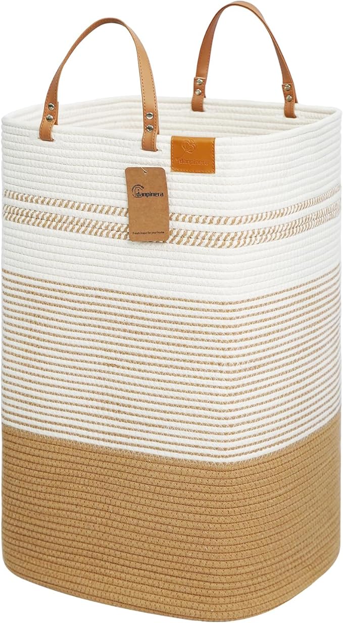 danpinera Large Laundry Hamper – 75L Tall Woven Cotton Storage Basket with Leather Handles, Slim Dirty Clothes Hamper, Decorative Storage Basket for Blanket,Toys White & Jute