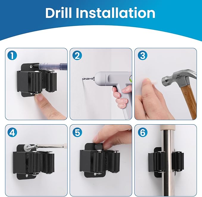 Broom Holder Wall Mount, 7PCS Broom Hanger Wall Mount, Stainless Steel Heavy Duty Mop Holder Broom Mop Hanger Wall with Screws, Garden Outdoor Tool Organizer Rack Broom Hanger (Black)