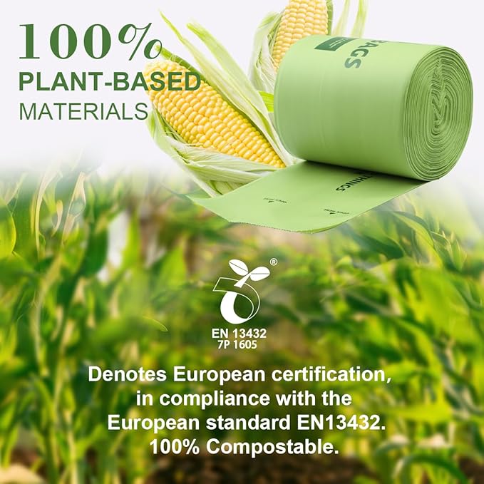 100% Compostable Trash Bags, 8 Gallon, 30 Liter, 0.85 Mils, 70 Count Large Kitchen Food Scrap Compost Bags for Kitchen Step Trash Cans with Europe EN13432 Certified