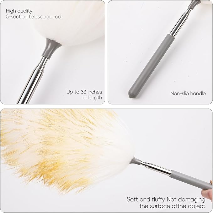 Mini Feathers Duster,Telescoping Lambswool Dusters with Stainless Steel Extension Pole Up to 34" for Cleaning High Ceiling Fan, High Ceilings,Furniture,Hard to Reach Areas
