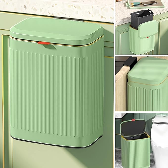 GloDeals Kitchen Trash Can with Lid, 2 in 1 Small Garbage Can Compost Bin Countertop, Wall-Mounted Under Sink Indoor Trash Bin for Kitchen, Bathroom, Cabinet Trash Can Hanging (Vintage Green/2.1Gal)