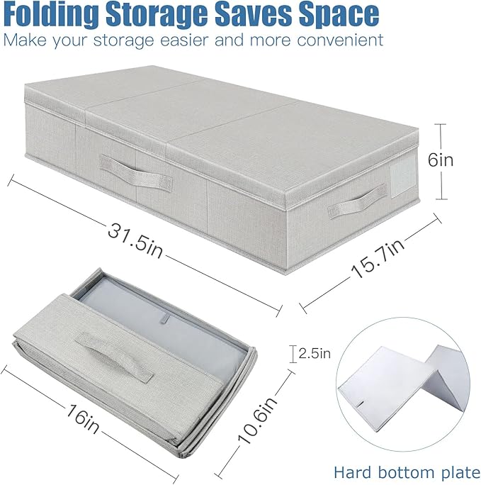 Underbed Storage Containers Bin with Lids, Large Under Bed Storage Organizer Box with Handle, Foldable Under the Storage Bags for Organizing Clothes, Shoes, Blankets, Pillows