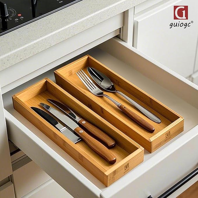 Bamboo Drawer Silverware Organizer, Flatware Organizers, Multi-purpose Bamboo Storage Box for Kitchen, Offices and Dressing table 11.5" x 3.15" x 1.8" (Set of 2)