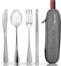 Travel Utensils with Case, Quatish Portable Silverware Set for Work, Stainless Steel Reusable Travel Cutlery Set, Fork and Spoon Set for Camping, EDC Gadgets, Lunch Box for Men, Silver