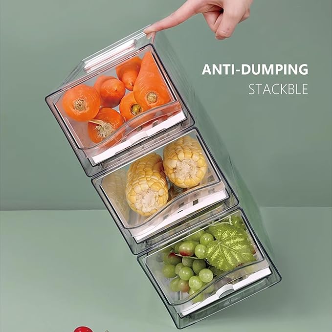 2 Pack Large Capacity Fruit Storage Containers for Fridge with Drain Board, Stackable Refrigerator Organizers Drawer,Reusable Food Storage Containers for Drinks, Meat,Vegetable,Produce,Fruit