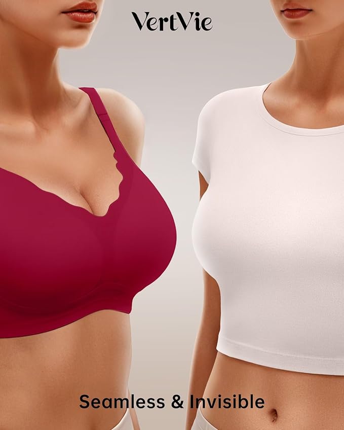 Vertvie Womens Seamless Bras No Underwire Supportive Wireless Push Up Full Coverage Bralette Comfort Scalloped T-Shirt Bra