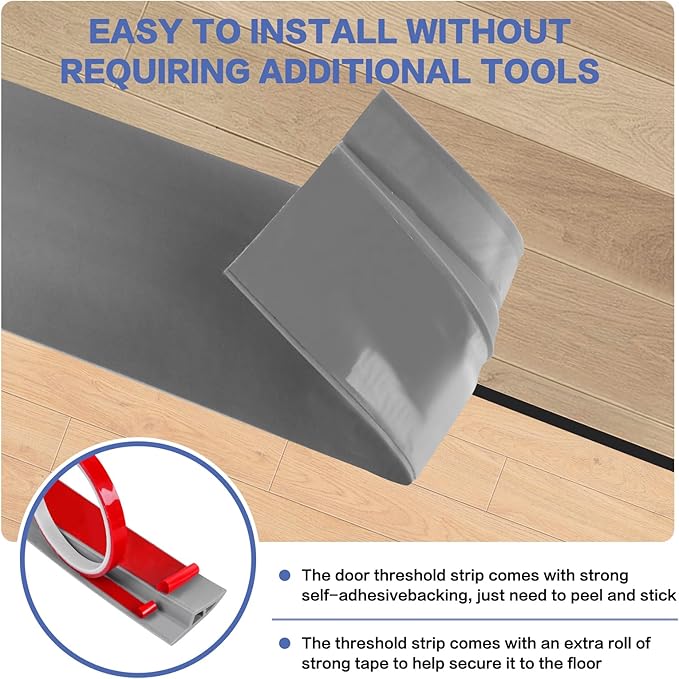 Floor Transition Strip Vinyl Door Threshold Ramp Self Adhesive Carpet Edging Strip Doorway Edge Trim, Overlap Edge Reducer for Laminate Carpet, Floor, Tile (Gray, 2/5" to 3/5", 6.6Ft)