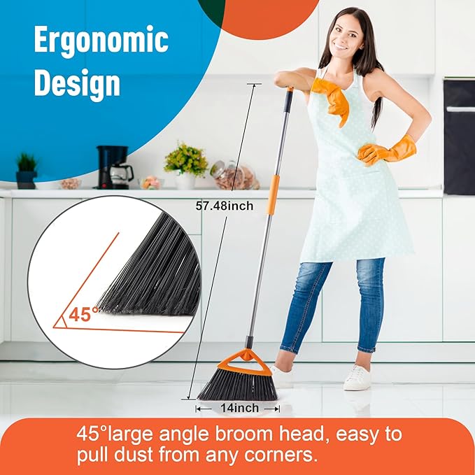 3 Pack Heavy Duty Outdoor Broom with Long Handle for Patio,Lobby,Garden,Kitchen,Deck,Yard,Sweeping -Commercial Grade Angle Broom with Stiff Bristles and Sponge Handle