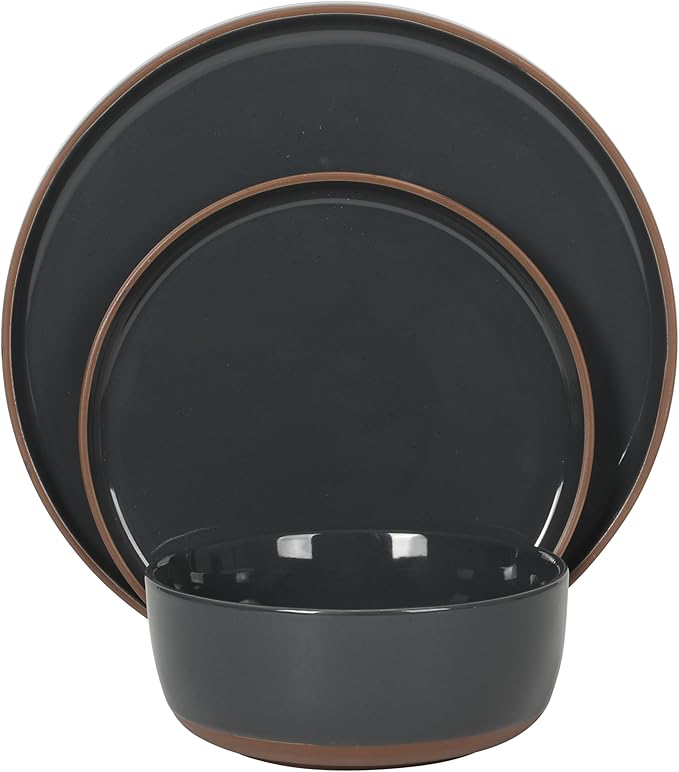 Gibson Elite Northrock Stoneware Dinnerware Set, 16-Piece Service for 4 Plates and Bowls Set – Charcoal Blue Dishes with Hand-Painted Terracotta Base