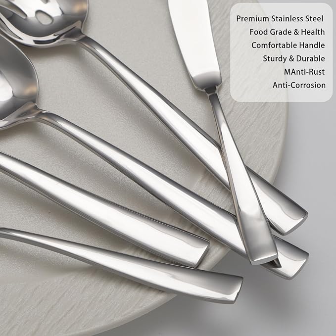 Large Hostess Serving Utensils Set, Stainless Steel Heavy Duty Serving spoons, Slotted Spoons, Serving Fork, Cake Server, Butter Knife, Dishwasher Safe (Silver)