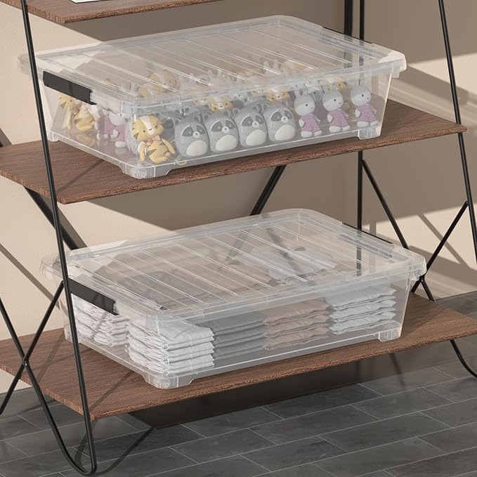 4 Packs Under Bed Storage Containers with Clear Lid, Large Stackable Plastic Latching Bins with Rolling Wheels, 40 Quart