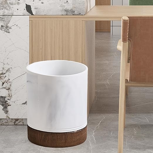 Polytree White Marble and Brown Wood Round Wastebasket, Resin Small Round Bathroom Trash Can 2.5 Gal(9 Liter) Small Kitchen Garbage Can,Living Room Bedroom Trash Can, Decor Wastebasket for Home Office