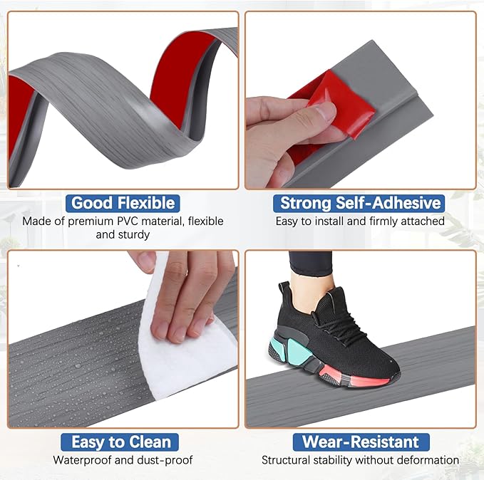 Vinyl Door Threshold Flooring Transition Strip Self Adhesive Carpet Edging Strip for Laminate Doorway Edge Threshold from 1/5" to 2/5" (Light Gray Wood Grain, 6.6 Ft)
