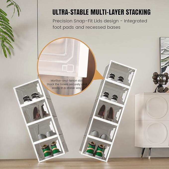 X-Large Stackable Shoe Boxes - Clear Plastic Shoe Storage Boxes with Magnetic Door, Thicken Shoe Organizer for Closet, Space Saving Foldable Shoe Containers Bins for Sneaker Boot - 8 Pack(White)
