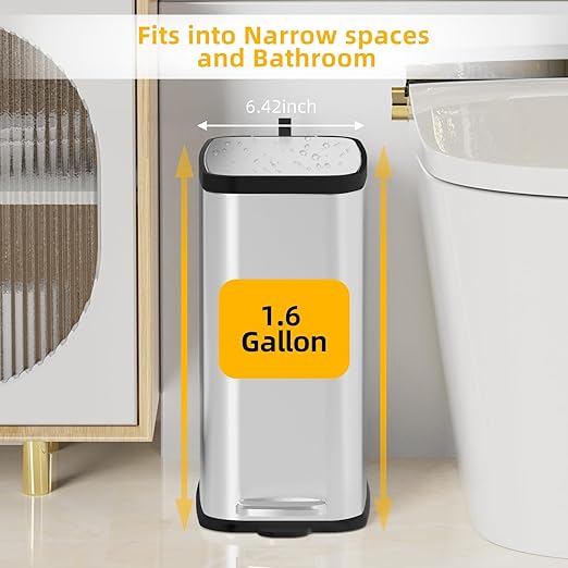 Stainless Steel Bathroom Trash Can with Lid Soft Close,1.6 Gallon Slim Garbage can,Small Metal Step Wastebasket for Office, Bedroom, Toilet, Live Room