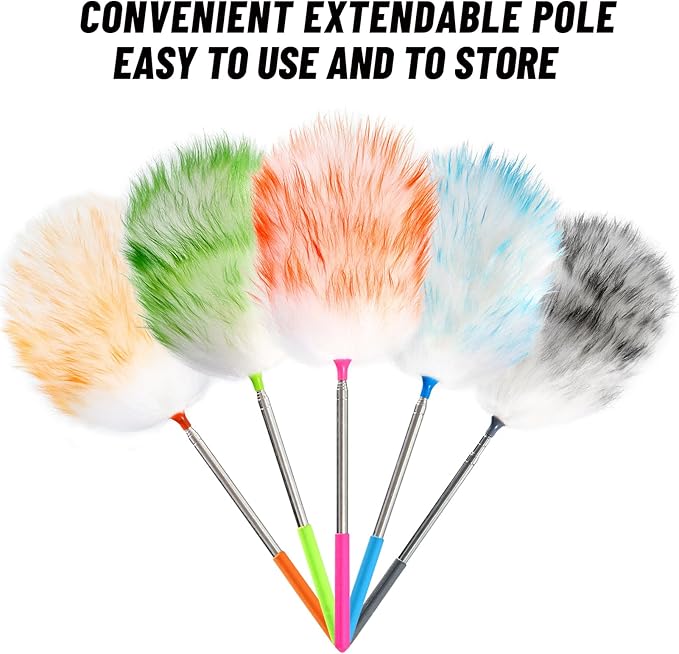 5PCS Extendable Lambswool Duster with 35-55 Inch Adjustable Aluminum Handle,Feather Duster Static Electricity Dust Adsorption, Reusable Cleaning Tool for Home, Car, Office, Ceiling, Furniture