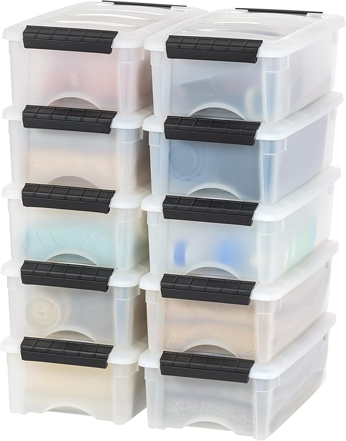IRIS USA 6 Qt Stackable Plastic Storage Bins with Lids, 10 Pack - BPA-Free, Made in USA - Discreet Organizing Solution, Latches, Durable Nestable Containers, Secure Pull Handle - Pearl