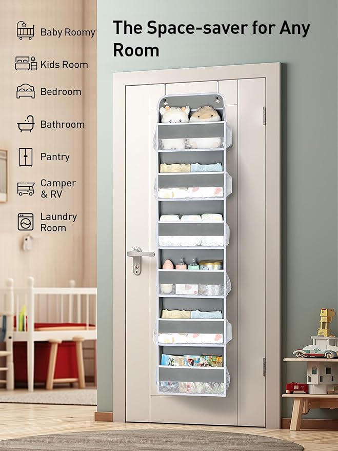 Yecaye 2 Pack Over The Door Organizer, 6-Tier Closet Door Hanging Organizer with 12 Mesh Pockets, Bathroom Organizers and Storage, Ultra Sturdy Large Capacity Over Door Storage Newborn Baby Essentials