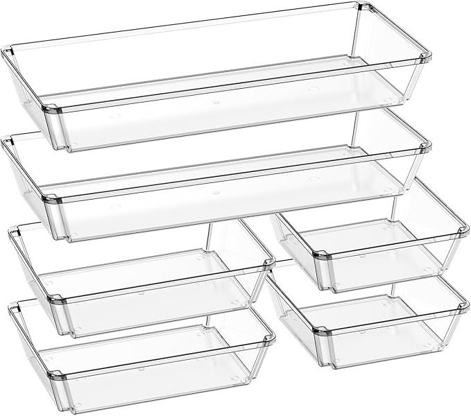 6 Pack Large Clear Plastic Drawer Organizer Trays, Desk Drawer Organizers and Storage Dividers, Non-Slip Storage Bins for Jewelry, Snacks, Office, Bathroom, Bedroom and Kitchen