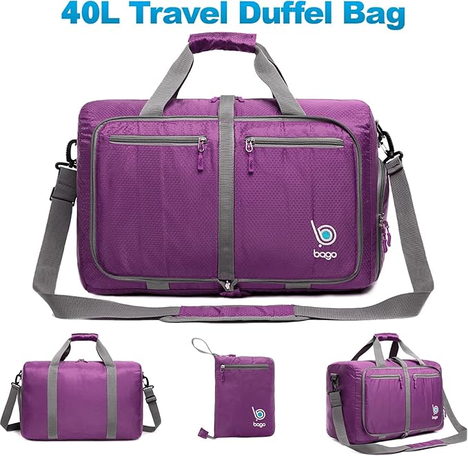 Bago Foldable Duffel Bags for Traveling Women & Men - 40L Sports Packable Duffle Bag for Travel with Shoe Compartment - Water Repellant, Heavy Duty, Lightweight Folding & Collapsible (Purple)