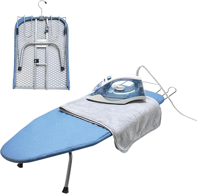 Metal Foldable Tabletop Ironing Board with Iron Rest, Portable Ironing Board Small with Heat Resistant Cotton Cover, Mini Iron Board for Small Space and Travel, 31"x12",Blue