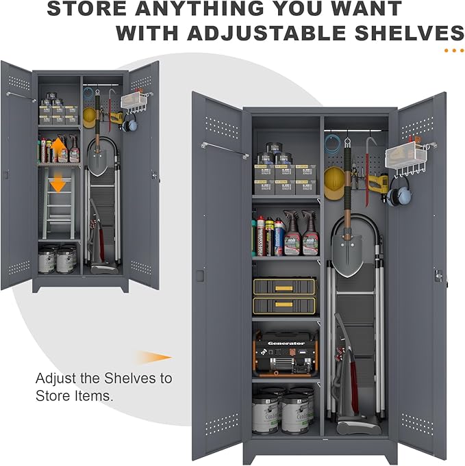 Metal Tool Storage Cabinet, Broom Closet with Hooks, 72.8" Tall Garage Cabinet with Shelves, Heavy-Duty Cleaning Storage for Utility Room, Gym, Office, Garage