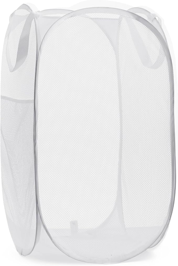Handy Laundry Collapsible Mesh Pop Up Hamper with Wide Opening and Side Pocket - Breathable, Sturdy, Foldable, and Space-Saving Design for Clothes and Storage (White)
