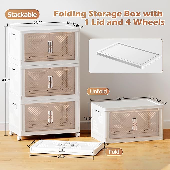 Storage Bins with Lid 76QT, Stackable Storage Containers with Wheels and Magnetic Doors, Plastic Clothes Closet Organizers and Storage Box for Pantry, Home and Office (3 Pack)