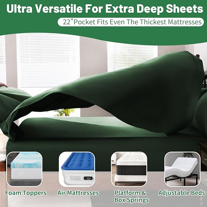 Extra Deep Pocket California King Sheets 18-24 Inch 1000 Thread Count 100% Egyptian Cotton Sateen Weave Soft Breathable 4 Pieces（California King,Forest Green）