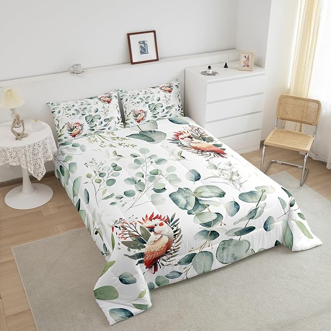 Erosebridal Cartoon Animal Queen Comforter Set for Kids Toddler Kawaii Parrot Bedding Set Queen, Wild Bird Bedding Comforter Sets Cute Wildlife Duvet Set, Botanical Green Eucalyptus Quilted Comforter