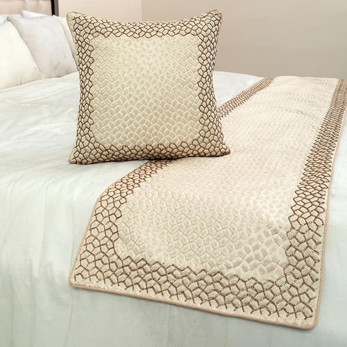 The HomeCentric King/Queen/Twin Ivory & Gold Decorative Full 68"x18" Bed Runner with Pillow Cover, Mosaic & Beaded Bed Scarf on Jacquard Fabric - Tessellation